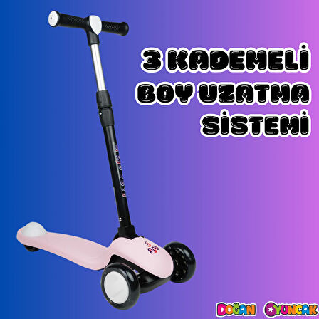 Lupa Katlanabilir Işıklı 3 Tekerlekli Pembe Scooter - Işıklı Scooter - Slikon Teker Scooter - Çocuk Scooter - İttir Git