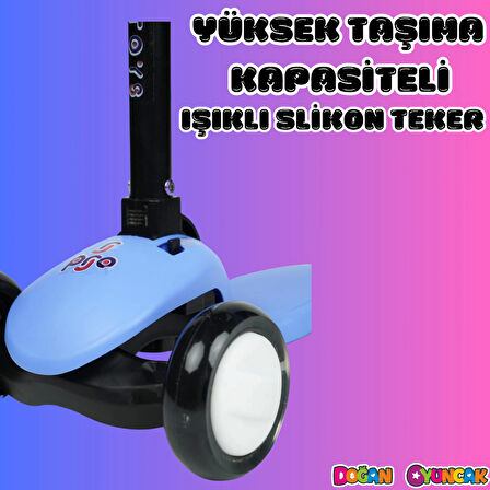 Lupa Katlanabilir Işıklı 3 Tekerlekli Mavi Scooter - Işıklı Scooter - Slikon Teker Scooter - Çocuk Scooter - İttir Git