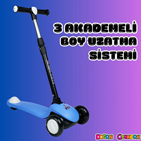 Lupa Katlanabilir Işıklı 3 Tekerlekli Mavi Scooter - Işıklı Scooter - Slikon Teker Scooter - Çocuk Scooter - İttir Git