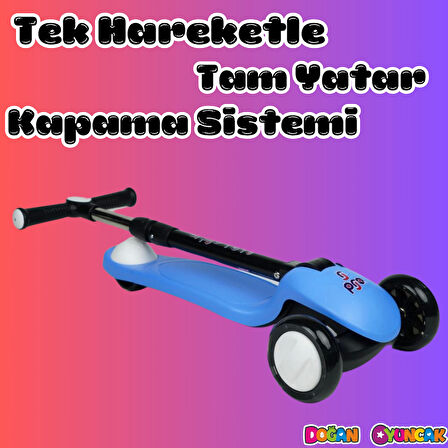 Lupa Katlanabilir Işıklı 3 Tekerlekli Mavi Scooter - Işıklı Scooter - Slikon Teker Scooter - Çocuk Scooter - İttir Git