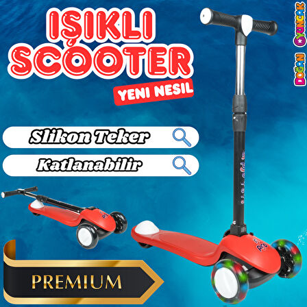 Lupa Katlanabilir Işıklı 3 Tekerlekli Kırmızı Scooter - Işıklı Scooter - Slikon Teker Scooter - Çocuk Scooter - İttir Git