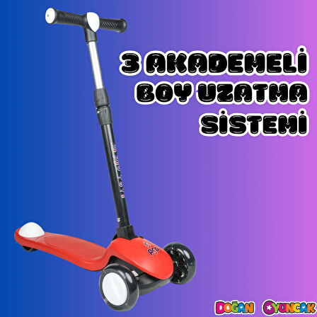Lupa Katlanabilir Işıklı 3 Tekerlekli Kırmızı Scooter - Işıklı Scooter - Slikon Teker Scooter - Çocuk Scooter - İttir Git