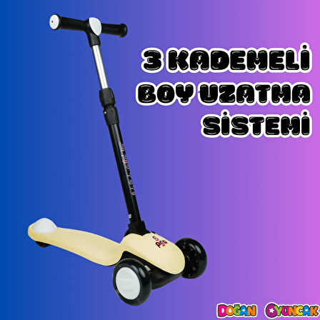 Lupa Katlanabilir Işıklı 3 Tekerlekli Sarı Scooter - Işıklı Scooter - Slikon Teker Scooter - Çocuk Scooter - İttir Git
