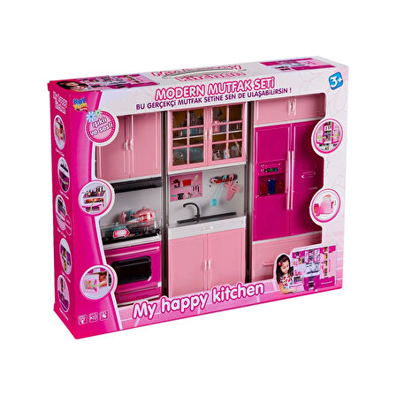 My Happy Kitchen Üçlü Mutfak Seti - Modern Mutfak Seti - Işıklı Sesli Mutfak Oyuncak - Buzdolabı, Lavabo, Fırın