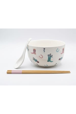 Kovboy Çizmesi Desenli Seramik Çorba/Ramen Kasesi Seti – Kaşık ve Chopstick dahil