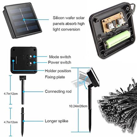 Solar Güneş Enerjili Dış Bahçe 8 Modlu 20Metre 200 Led Aydınlatma Çok Renkli 