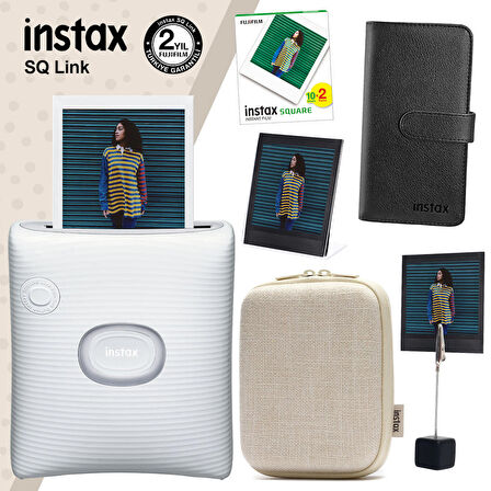 Instax SQ Link Beyaz Yazıcı 20li Square Film Kılıf Albüm Pleksi Çerçeve ve Kıskaçlı Stand