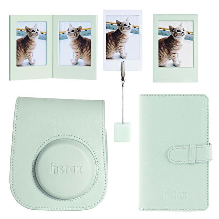 Instax mini 12 Yeşil Deri Kılıf Laporta Deri Albüm ve Fotoğraf Çerçeveleri Aksesuar Seti