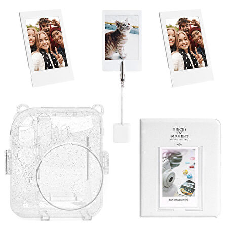Instax mini 12 Simli Şeffaf Beyaz Kılıf Pvc 64'lü Albüm ve Fotoğraf Çerçeveleri Aksesuar Seti