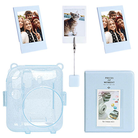 Instax mini 12 Simli Şeffaf Mavi Kılıf Pvc 64'lü Albüm ve Fotoğraf Çerçeveleri Aksesuar Seti