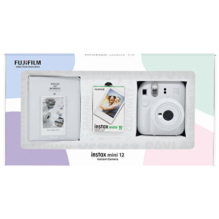 Instax mini 12 Beyaz Fotoğraf Makinesi 10'lu Film ve PVC Albüm Bundle Box