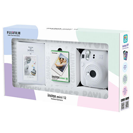 Instax mini 12 Beyaz Fotoğraf Makinesi 10'lu Film ve PVC Albüm Bundle Box