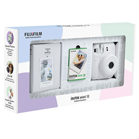 Instax mini 12 Beyaz Fotoğraf Makinesi 10'lu Film ve PVC Albüm Bundle Box