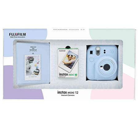 Instax mini 12 Mavi Fotoğraf Makinesi 10'lu Film ve PVC Albüm Bundle Box