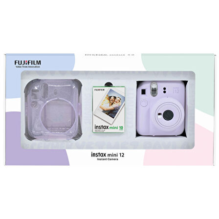 Instax mini 12 Lila Fotoğraf Makinesi 10'lu Film ve Pleksi Kılıf Bundle Box