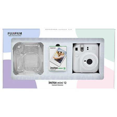 Instax mini 12 Beyaz Fotoğraf Makinesi 10'lu Film ve Pleksi Kılıf Bundle Box