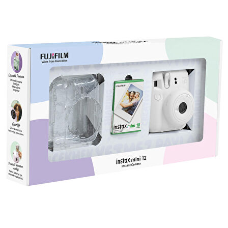 Instax mini 12 Beyaz Fotoğraf Makinesi 10'lu Film ve Pleksi Kılıf Bundle Box