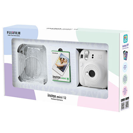 Instax mini 12 Beyaz Fotoğraf Makinesi 10'lu Film ve Pleksi Kılıf Bundle Box