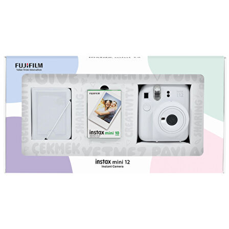 Instax mini 12 Beyaz Fotoğraf Makinesi 10'lu Film ve 28'li Mini Albüm Bundle Box