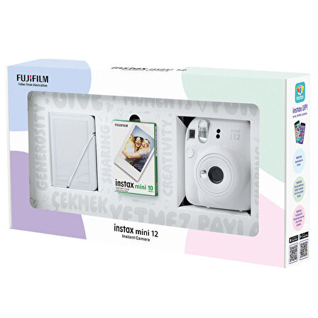 Instax mini 12 Beyaz Fotoğraf Makinesi 10'lu Film ve 28'li Mini Albüm Bundle Box