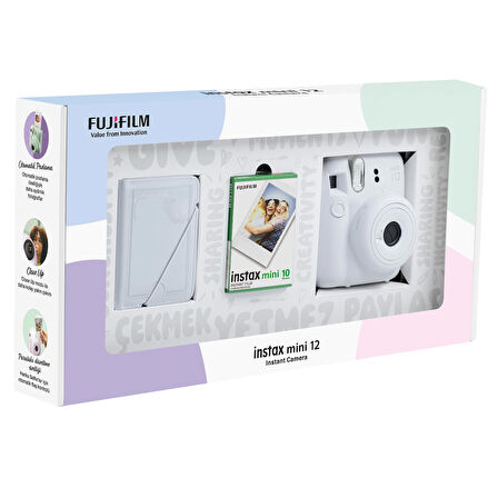 Instax mini 12 Beyaz Fotoğraf Makinesi 10'lu Film ve 28'li Mini Albüm Bundle Box