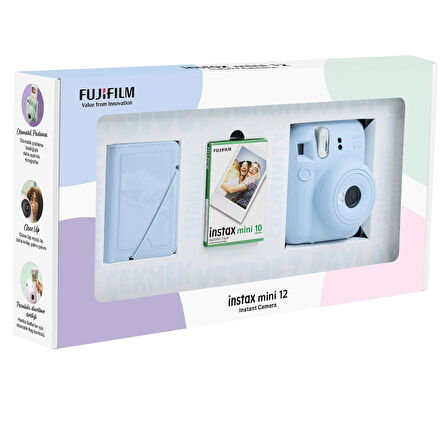 Instax mini 12 Mavi Fotoğraf Makinesi 10'lu Film ve 28'li Mini Albüm Bundle Box