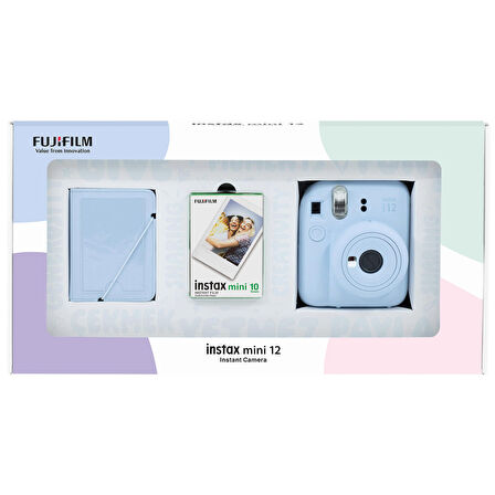 Instax mini 12 Mavi Fotoğraf Makinesi 10'lu Film ve 28'li Mini Albüm Bundle Box