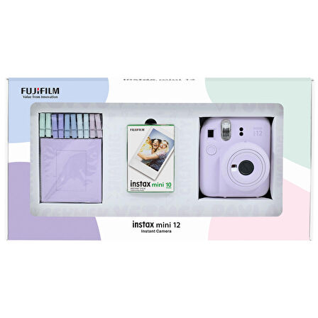 Instax mini 12 Lila Fotoğraf Makinesi 10'lu Film ve Mandal Bundle Box