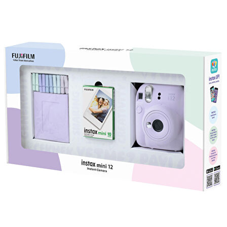 Instax mini 12 Lila Fotoğraf Makinesi 10'lu Film ve Mandal Bundle Box