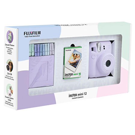 Instax mini 12 Lila Fotoğraf Makinesi 10'lu Film ve Mandal Bundle Box