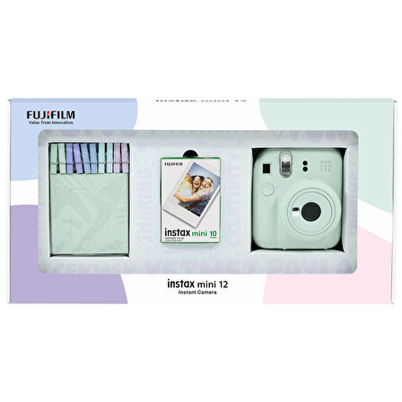 Instax mini 12 Yeşil Fotoğraf Makinesi 10'lu Film ve Mandal Bundle Box