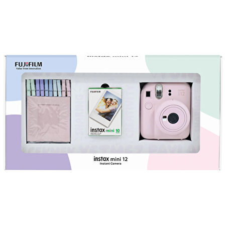 Instax mini 12 Pembe Fotoğraf Makinesi 10'lu Film ve Mandal Bundle Box