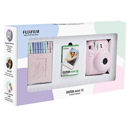 Instax mini 12 Pembe Fotoğraf Makinesi 10'lu Film ve Mandal Bundle Box