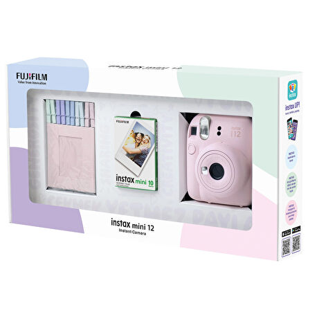 Instax mini 12 Pembe Fotoğraf Makinesi 10'lu Film ve Mandal Bundle Box