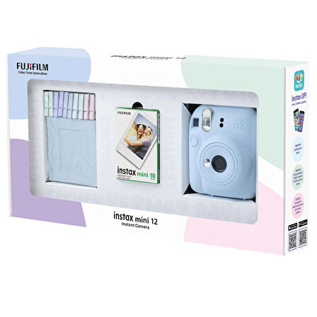 Instax mini 12 Mavi Fotoğraf Makinesi 10'lu Film ve Mandal Bundle Box