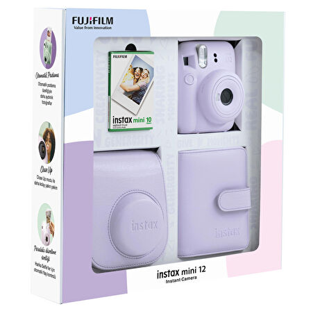 Instax mini 12 Lila Fotoğraf Makinesi 10'lu Film Kare Albüm ve Deri Kılıf Bundle Box