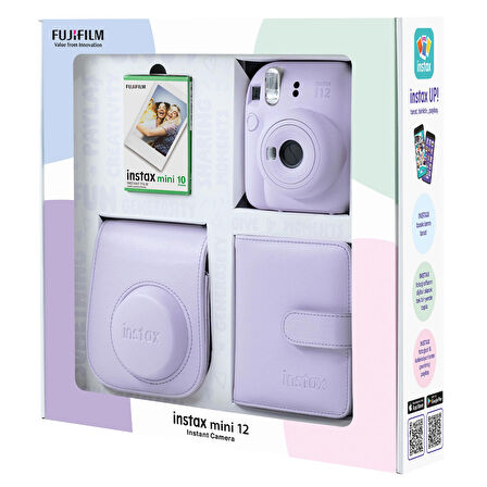 Instax mini 12 Lila Fotoğraf Makinesi 10'lu Film Kare Albüm ve Deri Kılıf Bundle Box