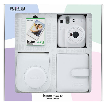 Instax mini 12 Beyaz Fotoğraf Makinesi 10'lu Film Kare Albüm ve Deri Kılıf Bundle Box