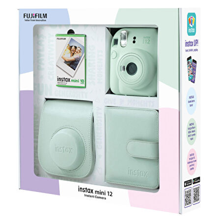 Instax mini 12 Yeşil Fotoğraf Makinesi 10'lu Film Kare Albüm ve Deri Kılıf Bundle Box