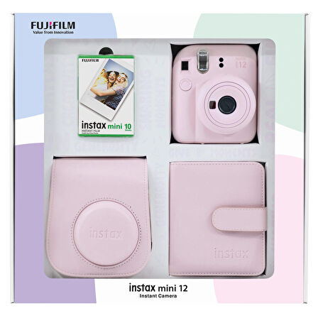 Instax mini 12 Pembe Fotoğraf Makinesi 10'lu Film Kare Albüm ve Deri Kılıf Bundle Box