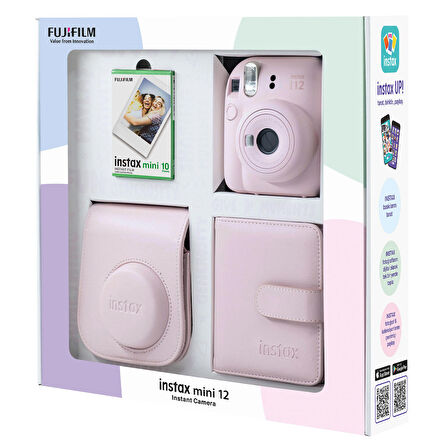 Instax mini 12 Pembe Fotoğraf Makinesi 10'lu Film Kare Albüm ve Deri Kılıf Bundle Box