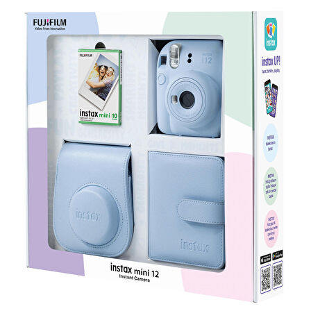 Instax mini 12 Mavi Fotoğraf Makinesi 10'lu Film Kare Albüm ve Deri Kılıf Bundle Box