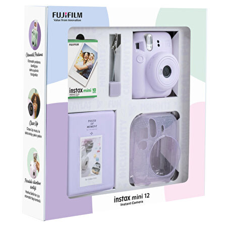 Instax mini 12 Lila Fotoğraf Makinesi 10'lu Film Simli Pleksi Kılıf PVC Albüm ve Kıskaçlı Resim Standı Bundle Box