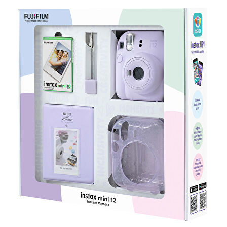 Instax mini 12 Lila Fotoğraf Makinesi 10'lu Film Simli Pleksi Kılıf PVC Albüm ve Kıskaçlı Resim Standı Bundle Box