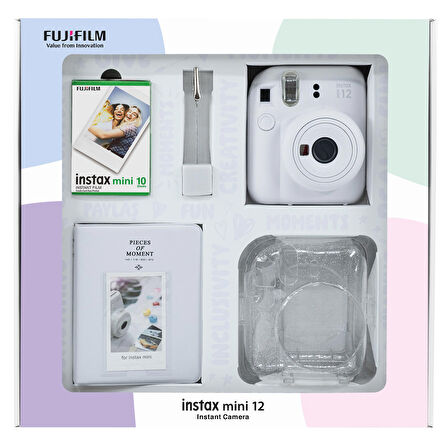 Instax mini 12 Beyaz Fotoğraf Makinesi 10'lu Film Simli Pleksi Kılıf PVC Albüm ve Kıskaçlı Resim Standı Bundle Box