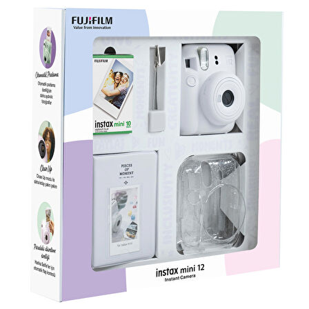 Instax mini 12 Beyaz Fotoğraf Makinesi 10'lu Film Simli Pleksi Kılıf PVC Albüm ve Kıskaçlı Resim Standı Bundle Box