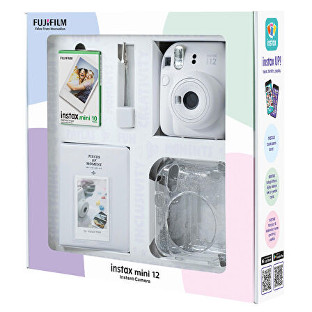 Instax mini 12 Beyaz Fotoğraf Makinesi 10'lu Film Simli Pleksi Kılıf PVC Albüm ve Kıskaçlı Resim Standı Bundle Box