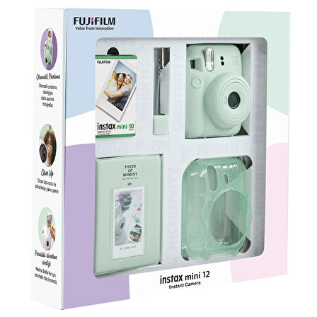 Instax mini 12 Yeşil Fotoğraf Makinesi 10'lu Film Simli Pleksi Kılıf PVC Albüm ve Kıskaçlı Resim Standı Bundle Box