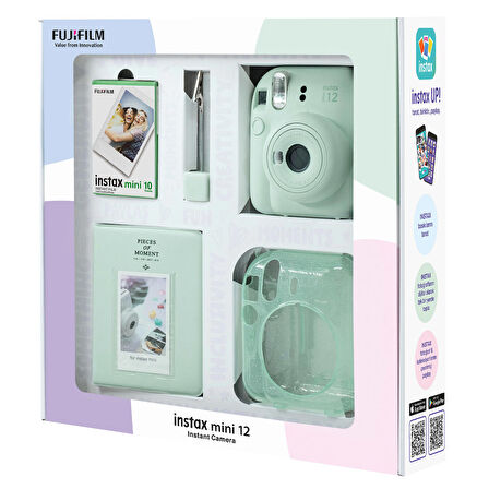 Instax mini 12 Yeşil Fotoğraf Makinesi 10'lu Film Simli Pleksi Kılıf PVC Albüm ve Kıskaçlı Resim Standı Bundle Box