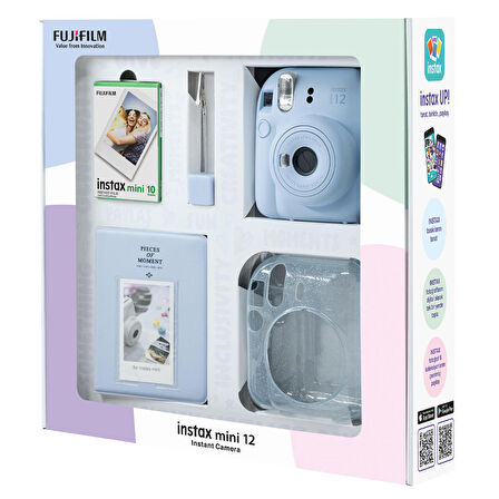 Instax mini 12 Mavi Fotoğraf Makinesi 10'lu Film Simli Pleksi Kılıf PVC Albüm ve Kıskaçlı Resim Standı Bundle Box